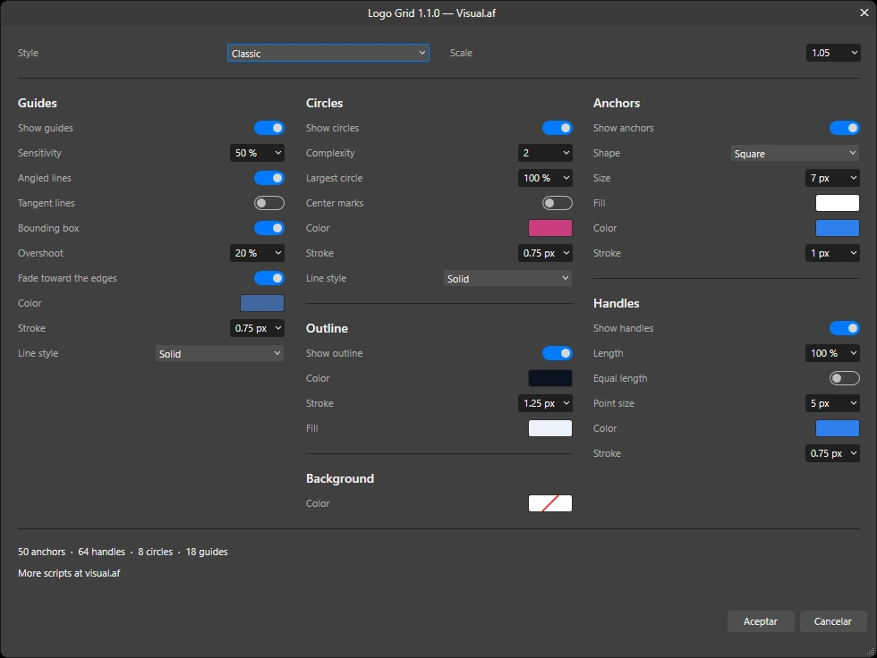 The Logo Grid dialog in Affinity, with the Guides, Circles, Outline, Anchors and Handles columns.