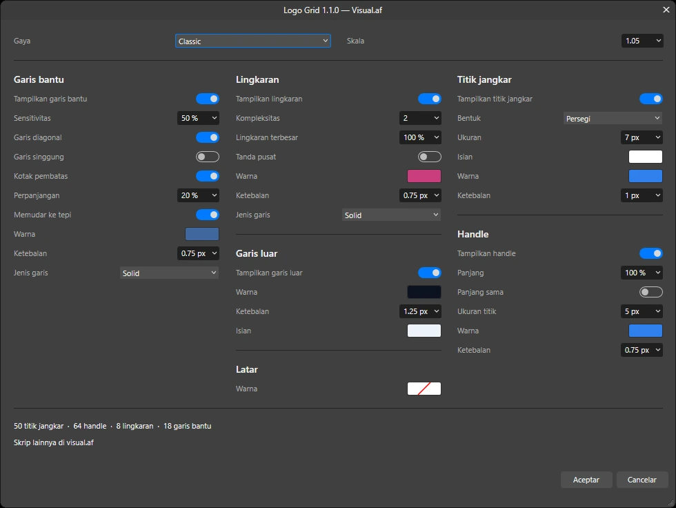 Dialog Logo Grid di Affinity, dengan kolom Garis bantu, Lingkaran, Garis luar, Titik jangkar, dan Handle.